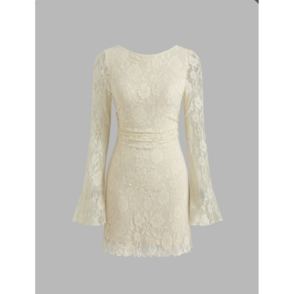 Cider Beige Floral Lace Mini Dress XL Bell Sleeve Open Back Tie Back Bridal NWT